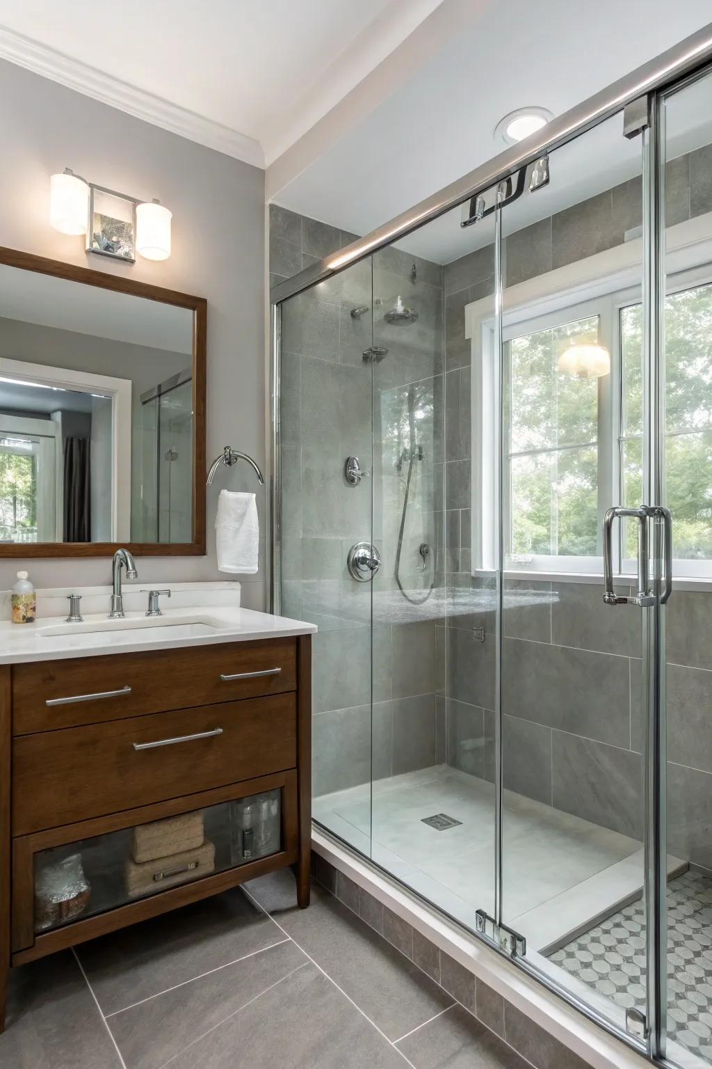 Iron grey walls and chrome fixtures establish a streamlined, modern bathroom.