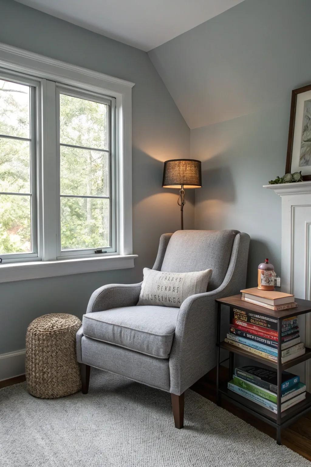 A grey reading area offers a personal escape.