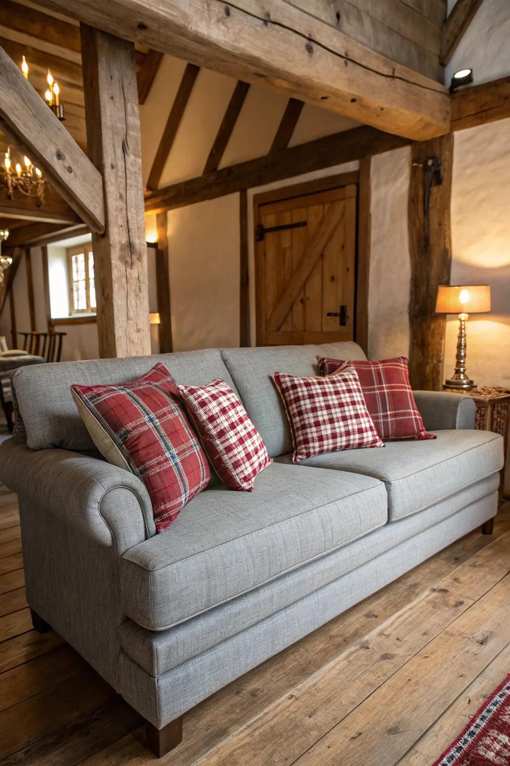 Rustic patterns contribute warmth and charm to the living space.