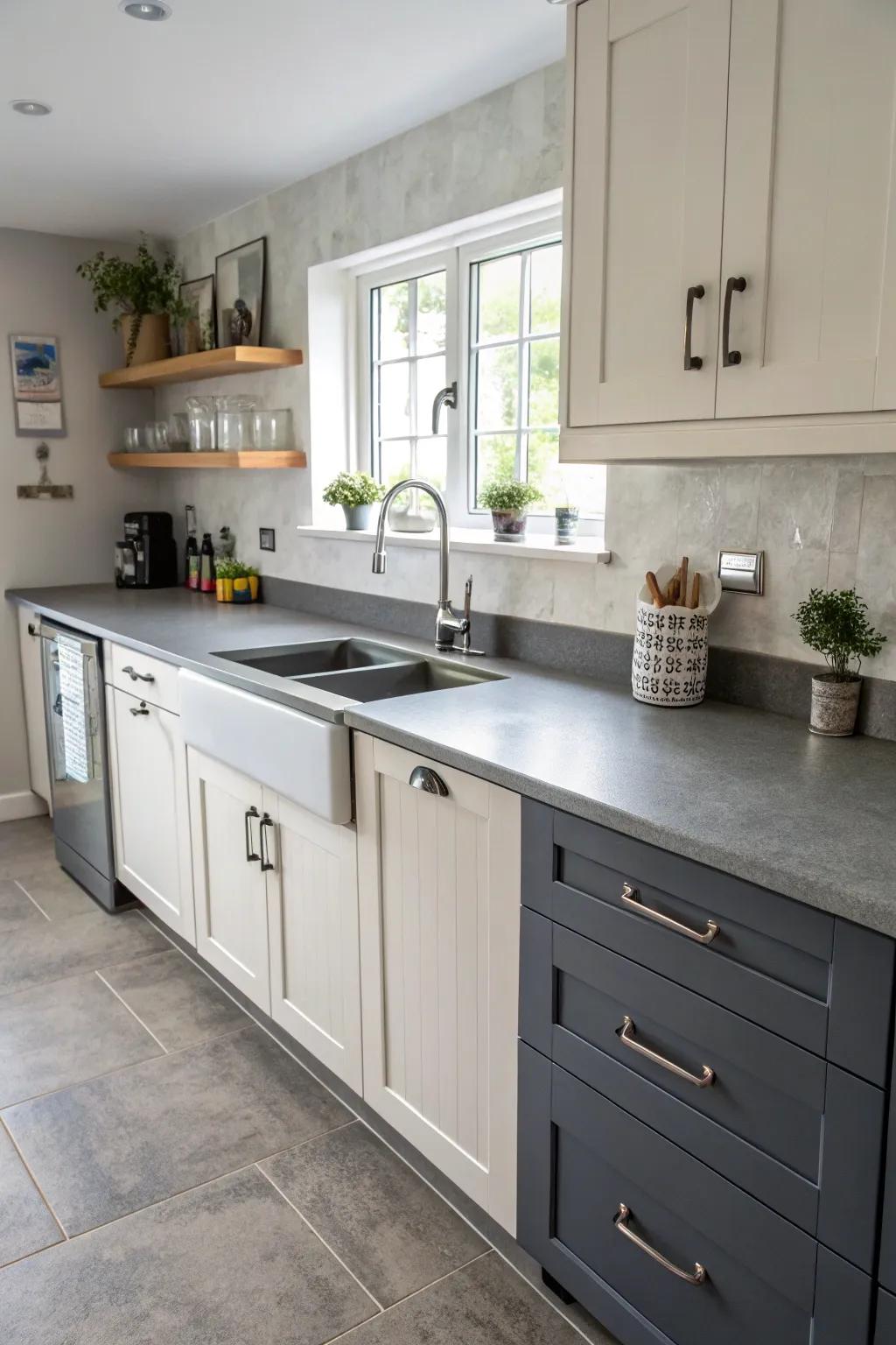 Dynamic kitchen design with grey countertops and dual-tone cabinets.