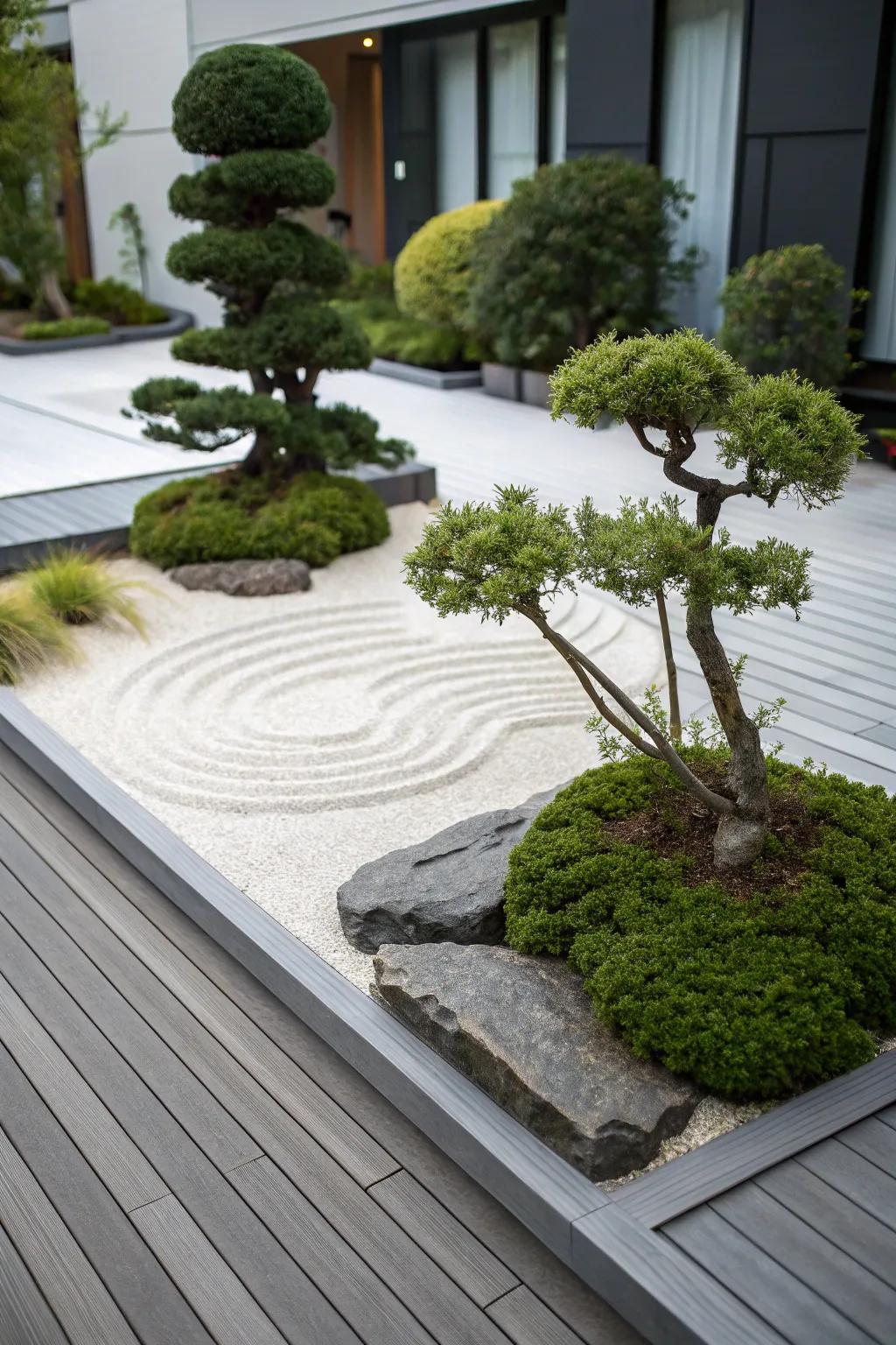 A calm Zen garden arrangement on a grey patio.