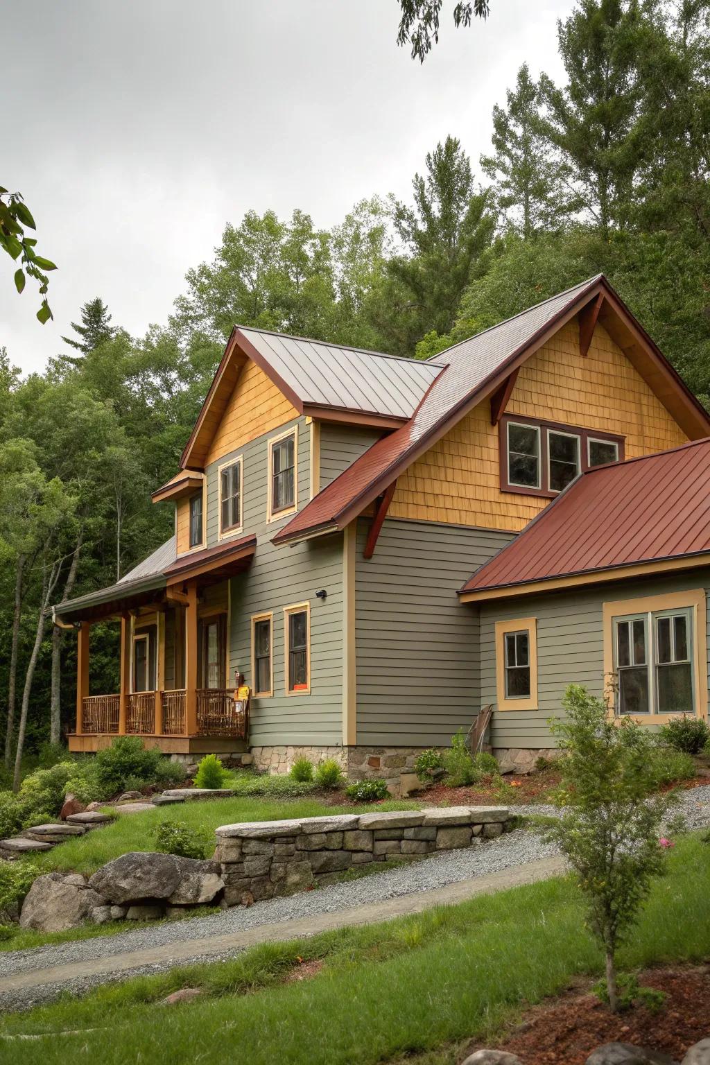 Warm grey with earthy tones creates a cozy and welcoming exterior.
