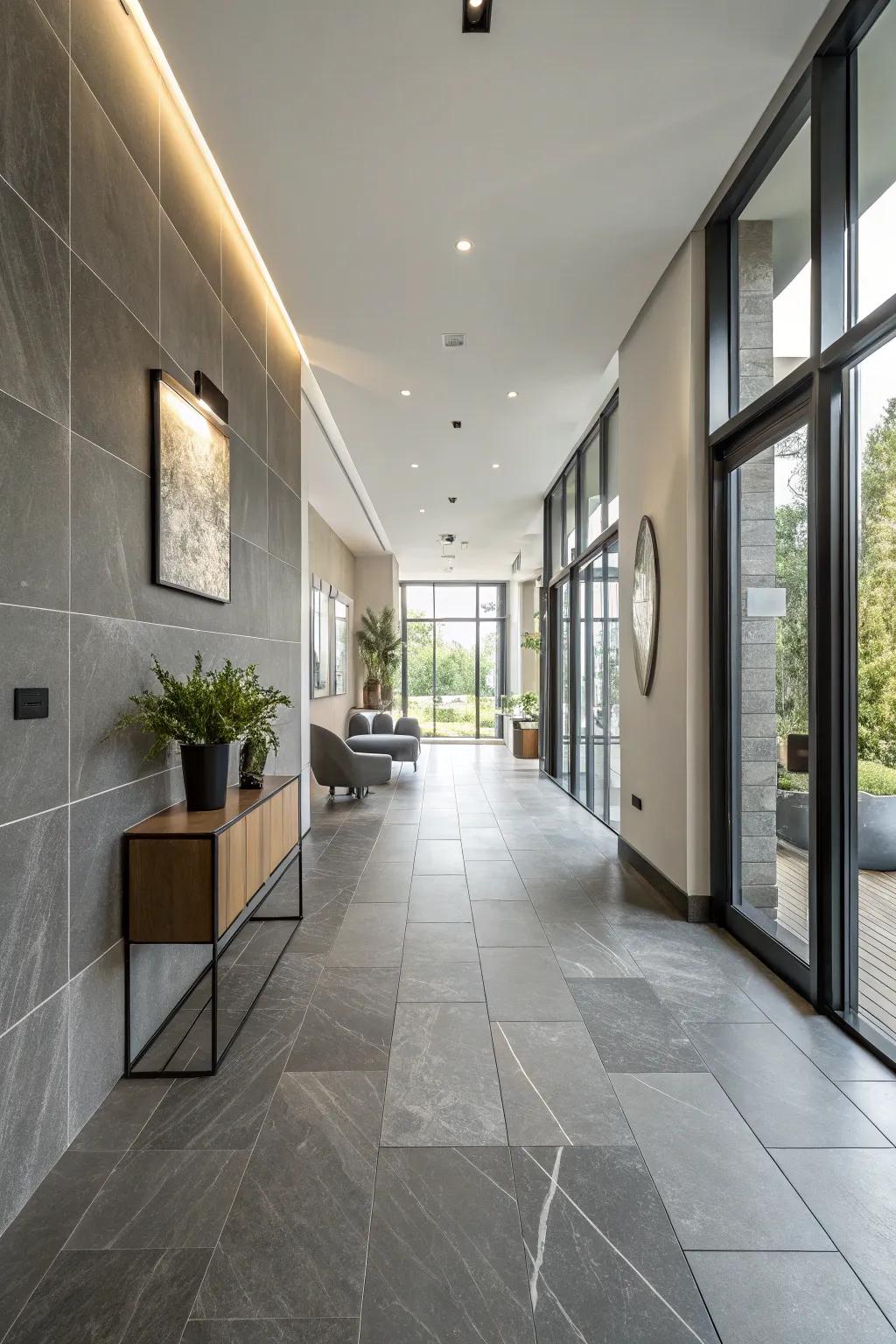 Different shades of greyish add texture and interest to this contemporary hallway.