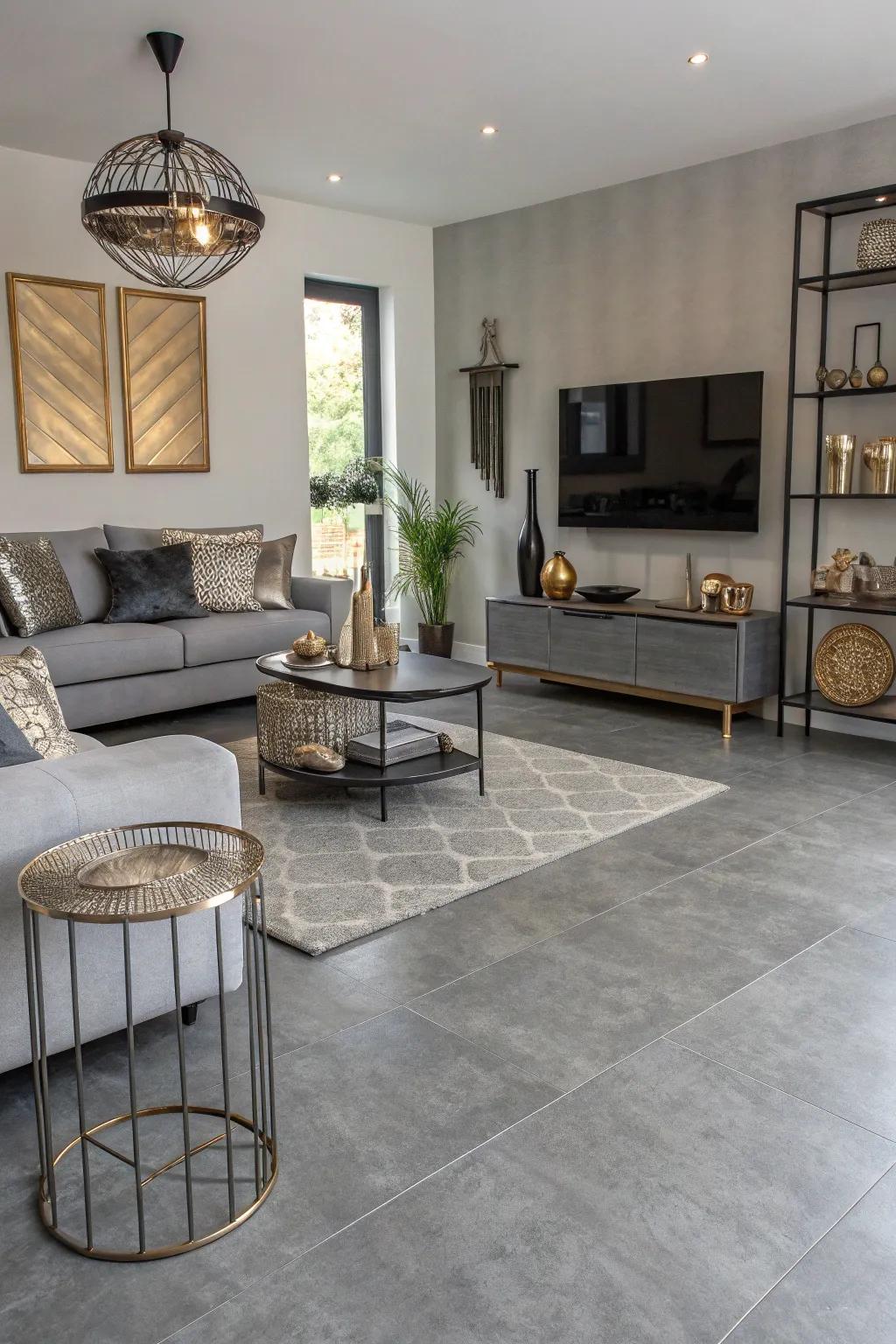 Metallics introduce a glamorous touch to grey flooring.