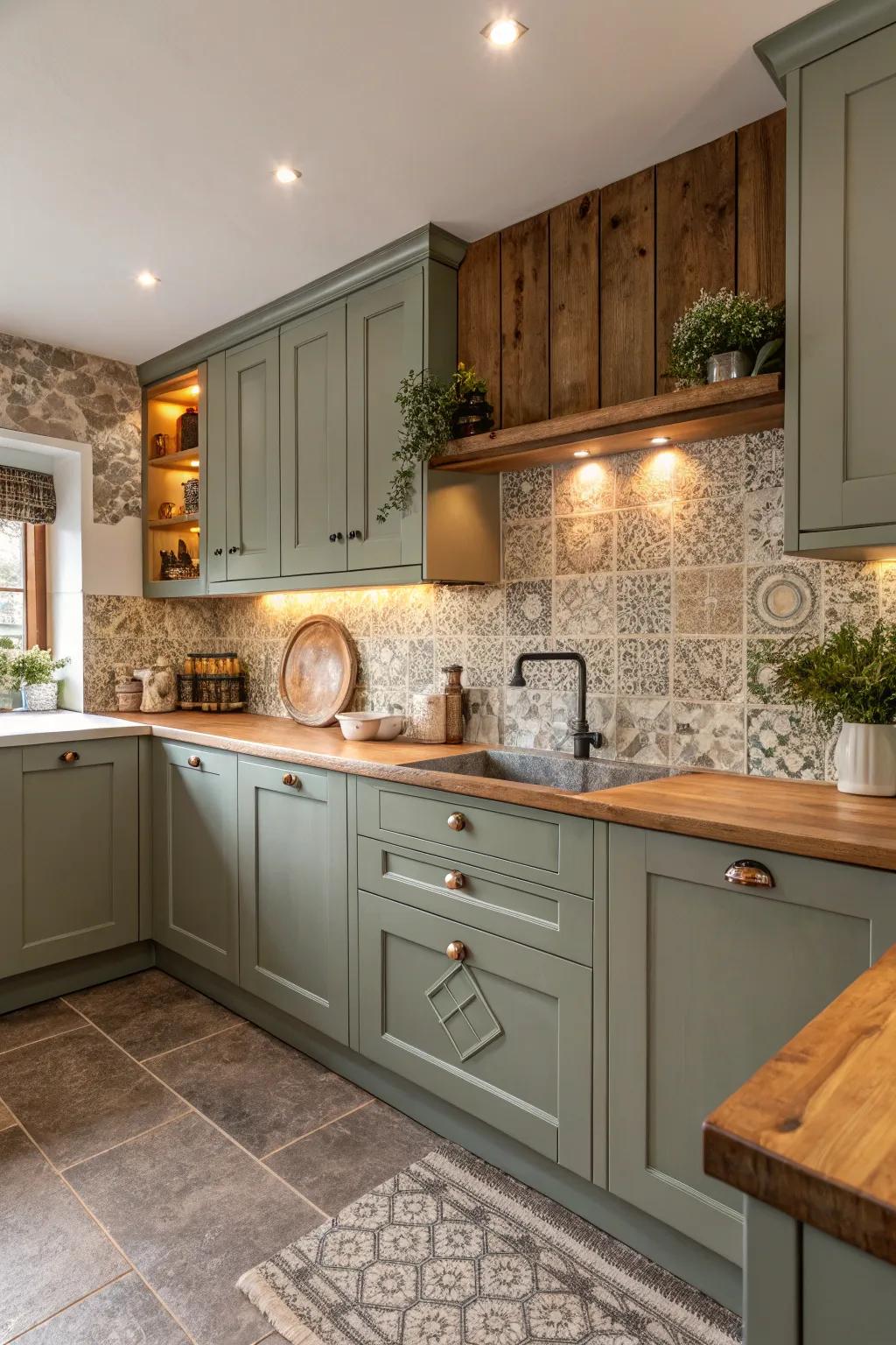 Earthy colors create a warm feeling with greenish-gray cabinets.