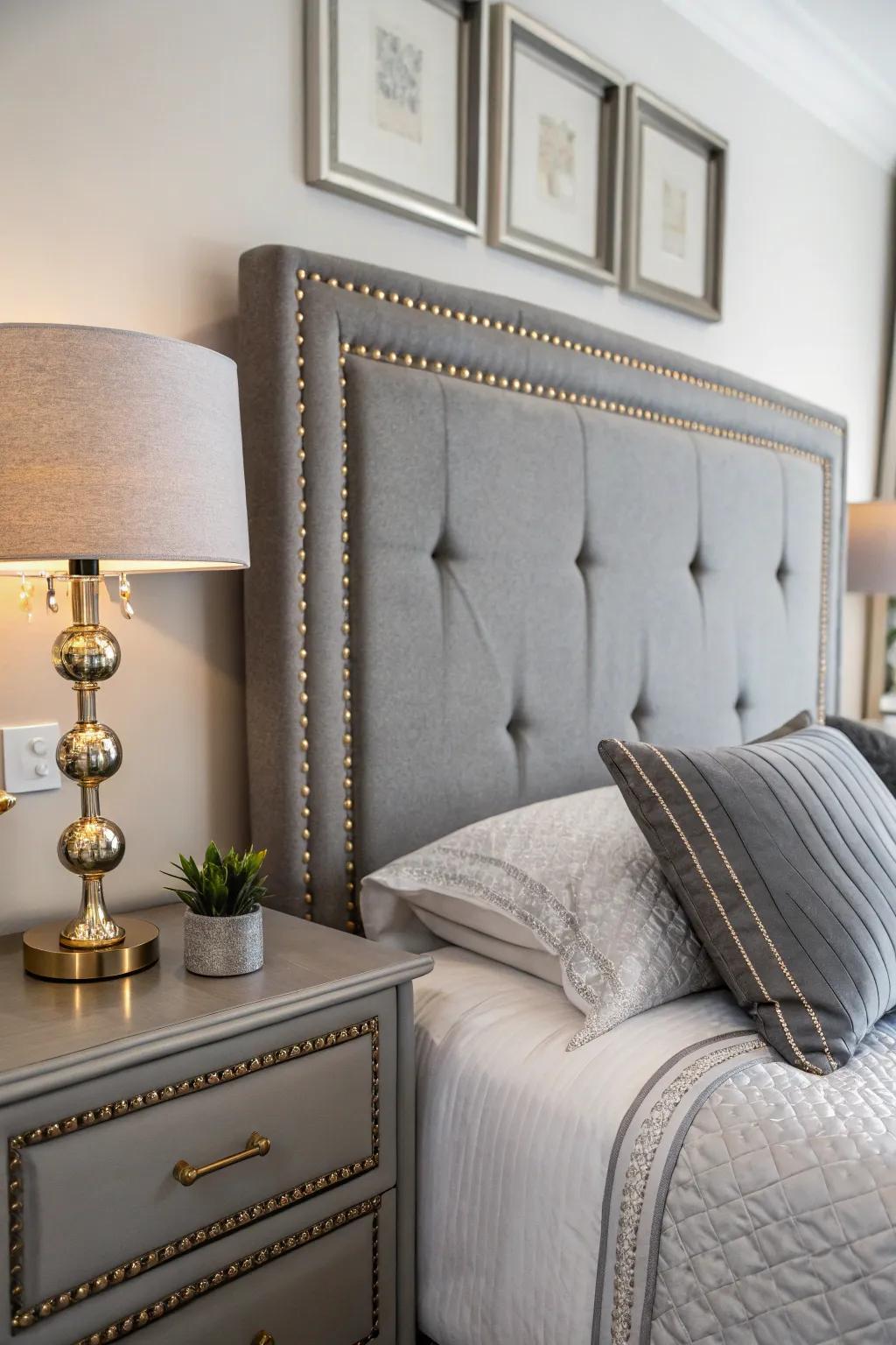 Elegant shiny details enhance the cool shades of a stone-toned headboard.