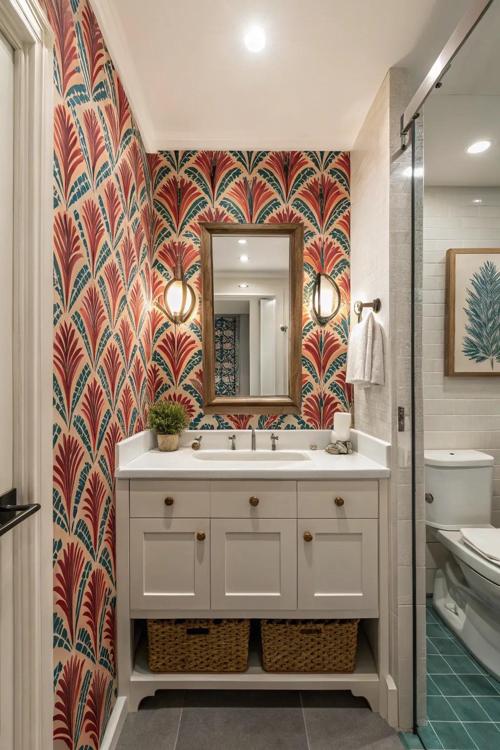 A guest bathroom with a feature wall showcasing a bold wallpaper design.