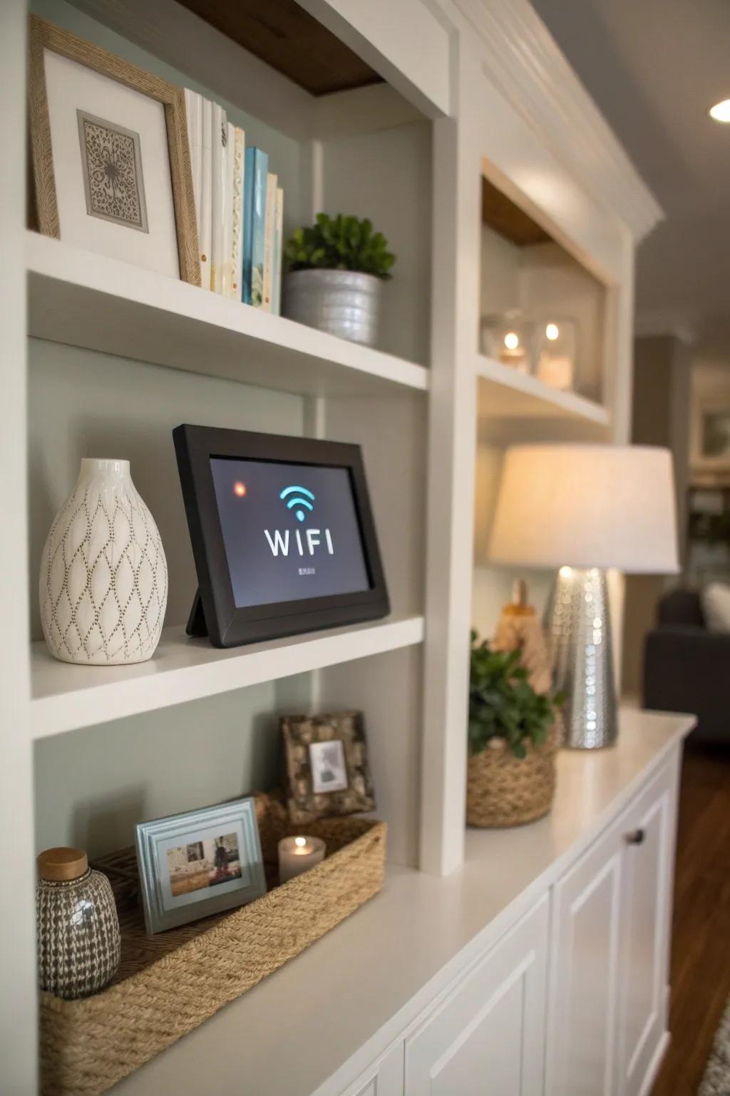A digital photo frame providing a rotating display of WiFi details and family photographs.