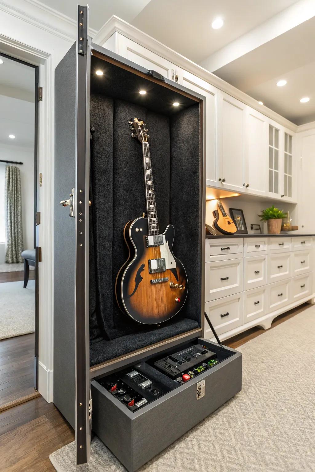Custom storage solutions keeping guitars organized and secure.