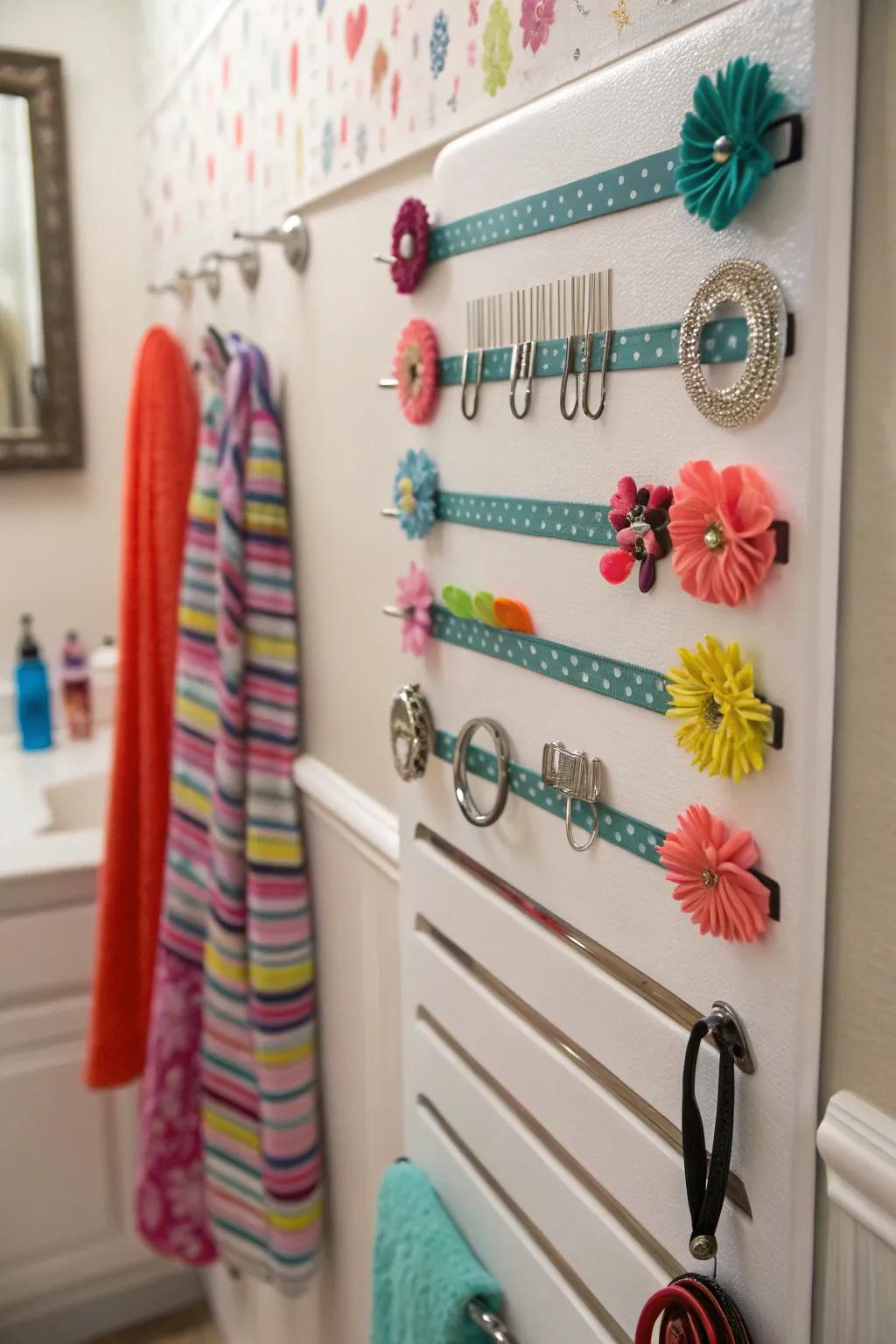 Unconventional and effective use of magnetic mounting strips for hair accessories.