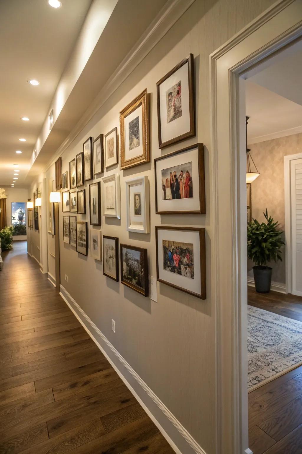 A photo wall adds a personal touch to your hallway.