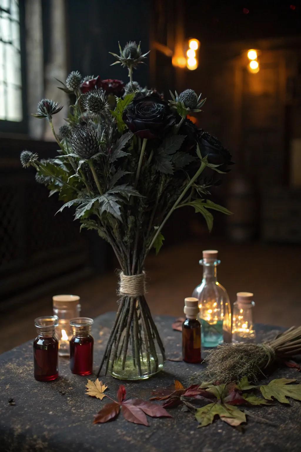 Harmful flora and vials establish a chilling centerpiece, ideal for Halloween.