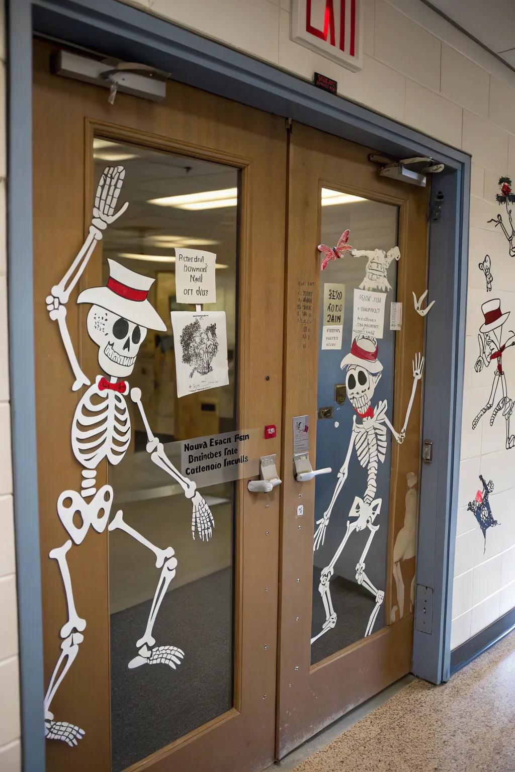 Cavorting ossuaries bestowing a playful vibe upon the school.