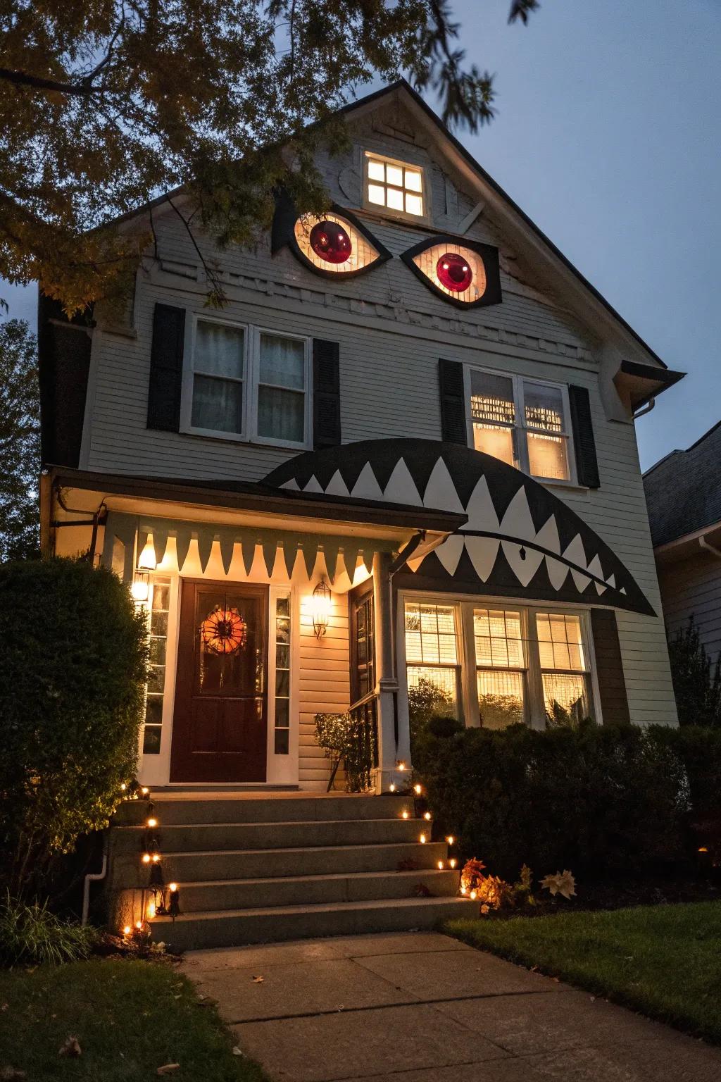 A playful monster abode exterior, ideal for Halloween.