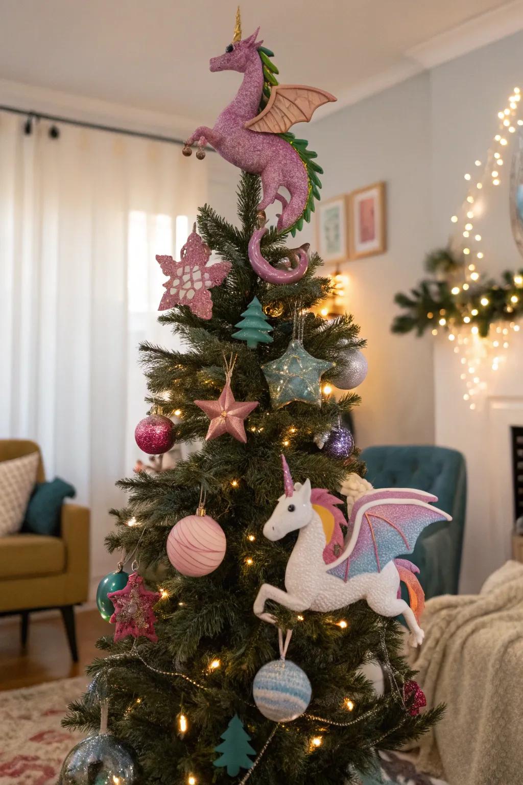 A fairy tale-inspired Halloween tree adorned with mythical creatures.