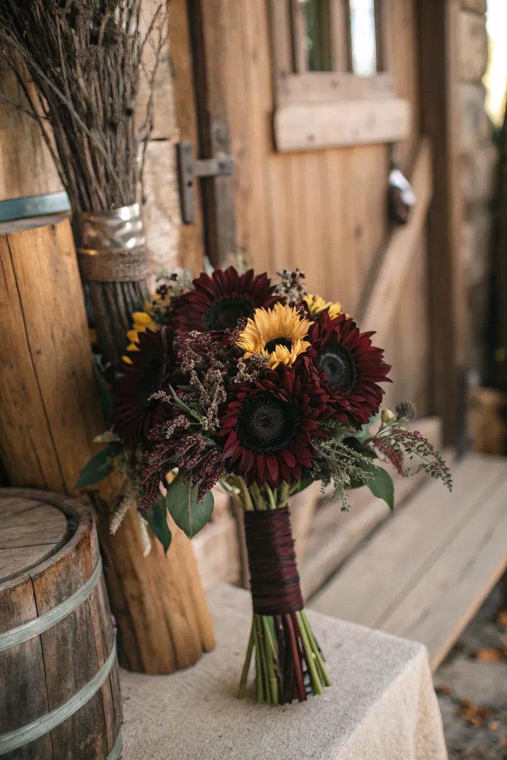 Dusky sunflowers contribute a distinctive autumnal feature to bunches.