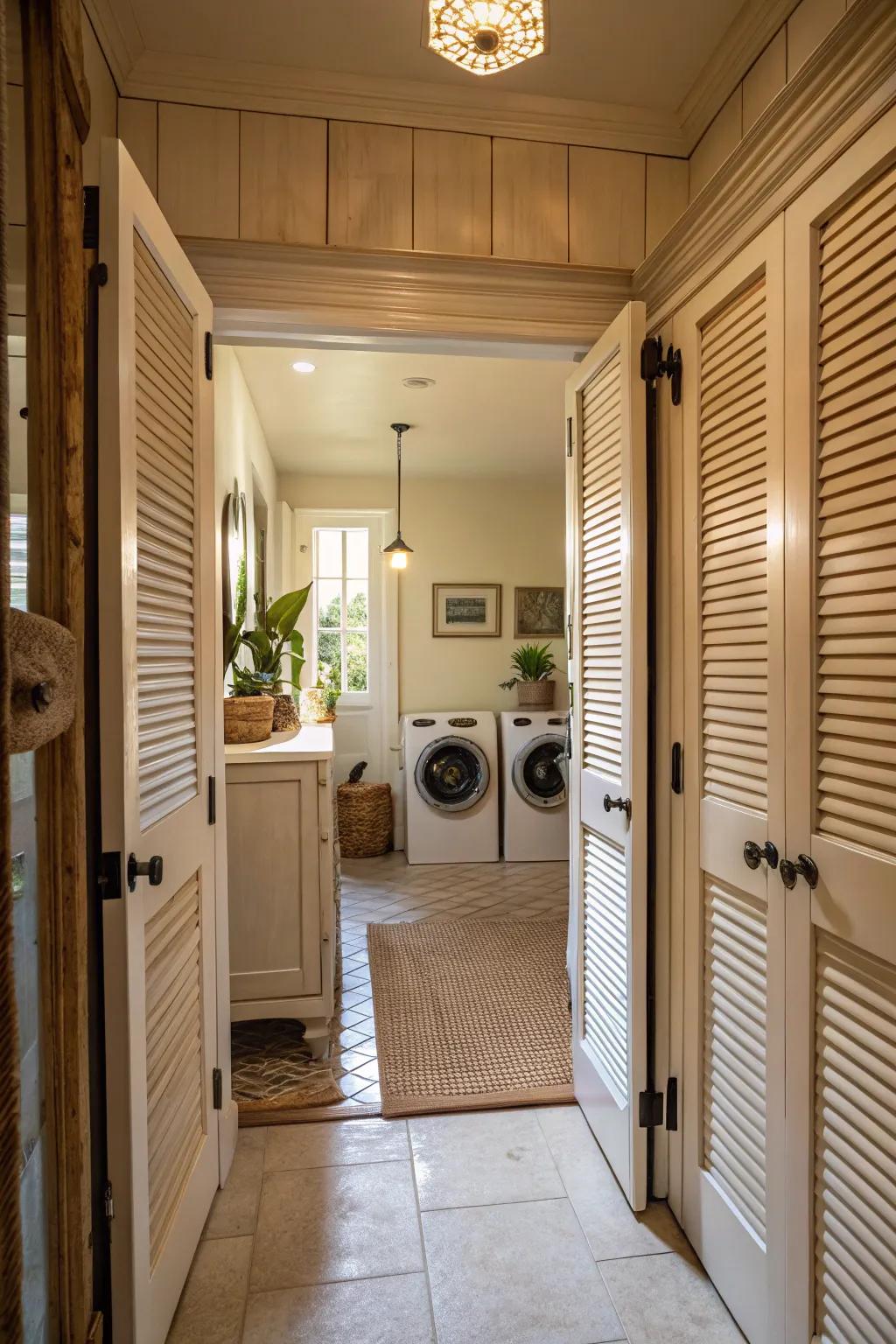 Louvered doors add vintage appeal and functionality to a hallway laundry space.