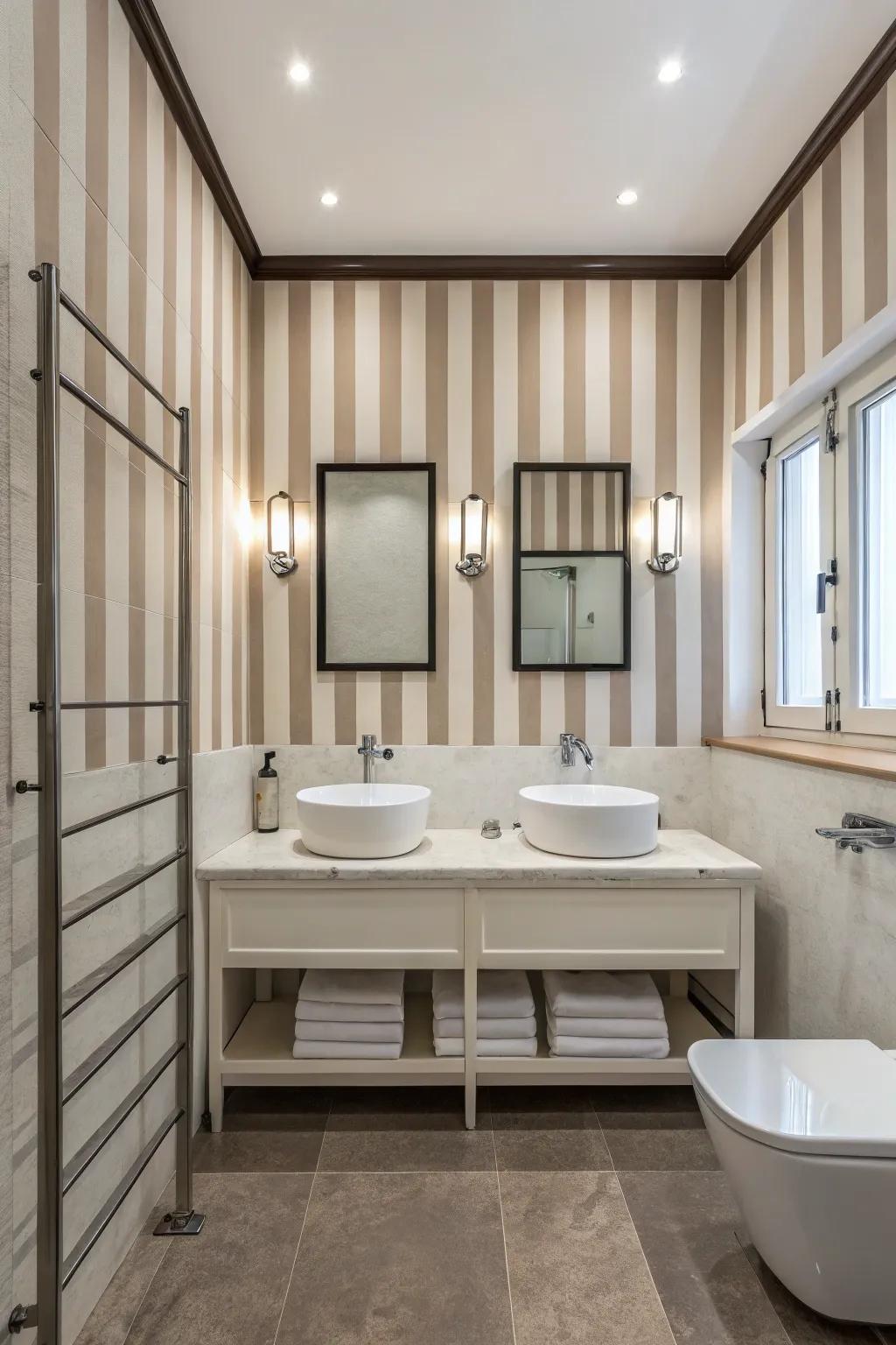 Simple stripes fashion a contemporary and tranquilizing ablution space.