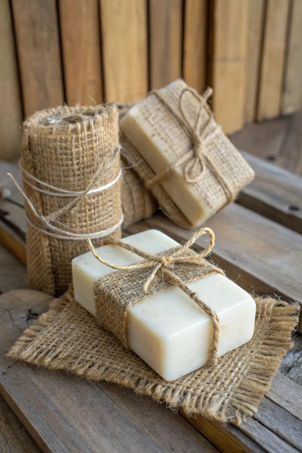 Hand cleanser enfolded in rustic style burlap and twine.