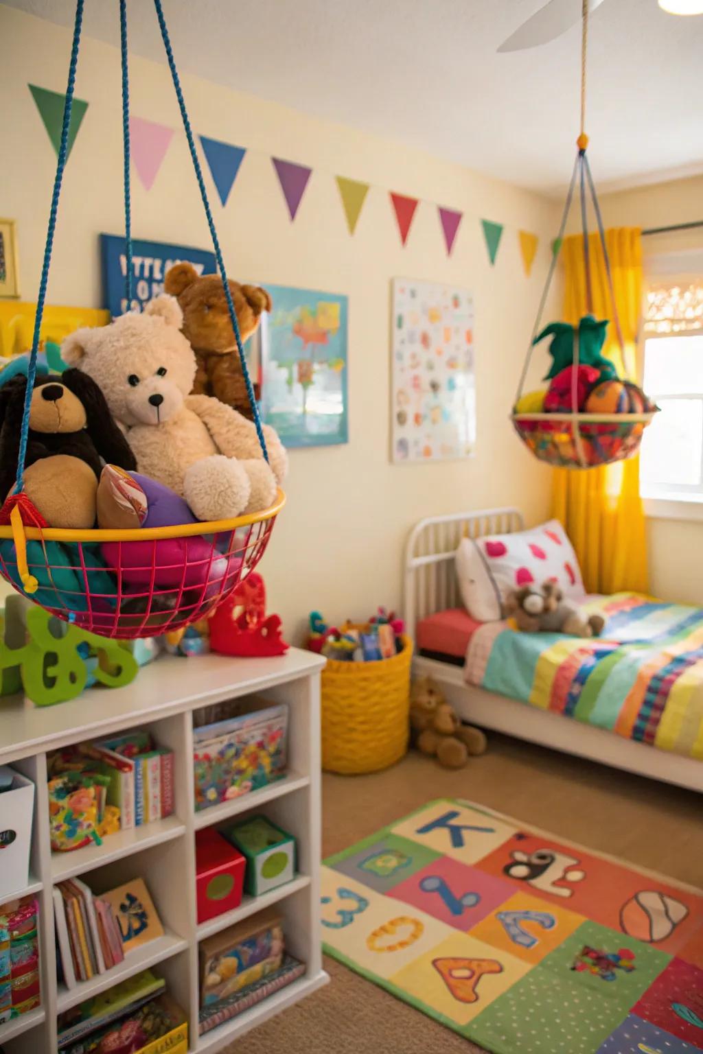 Tidy up play areas through toy arrangements that hang.