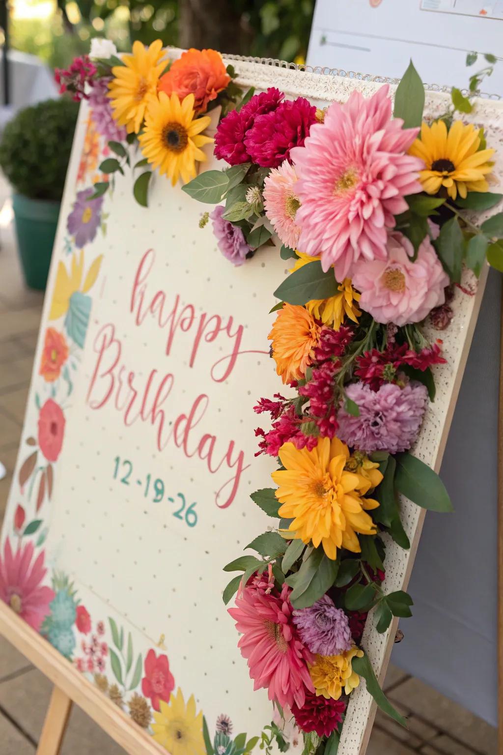 A vibrant bloom-themed birthday display brimming with burgeoning splendor.