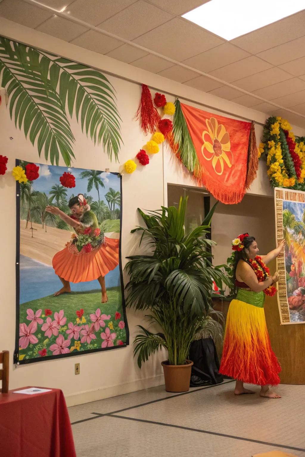 A print of Hawaiian cultural festivities contributing vibrancy to a festive room.