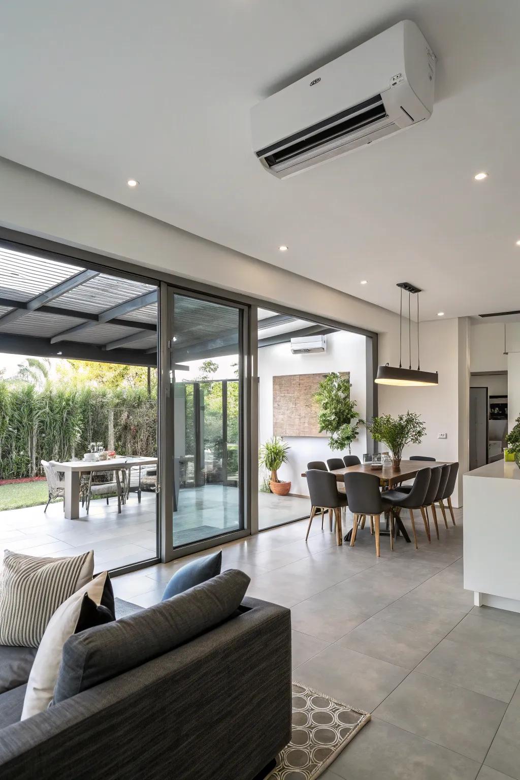 A modern open-plan living area with a duct-free mini-split system for efficient warming and cooling.