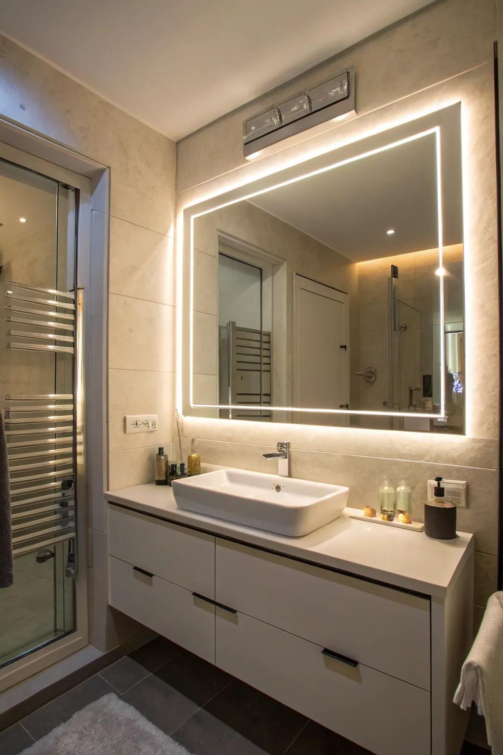 A backlit reflection offering hidden storage area.