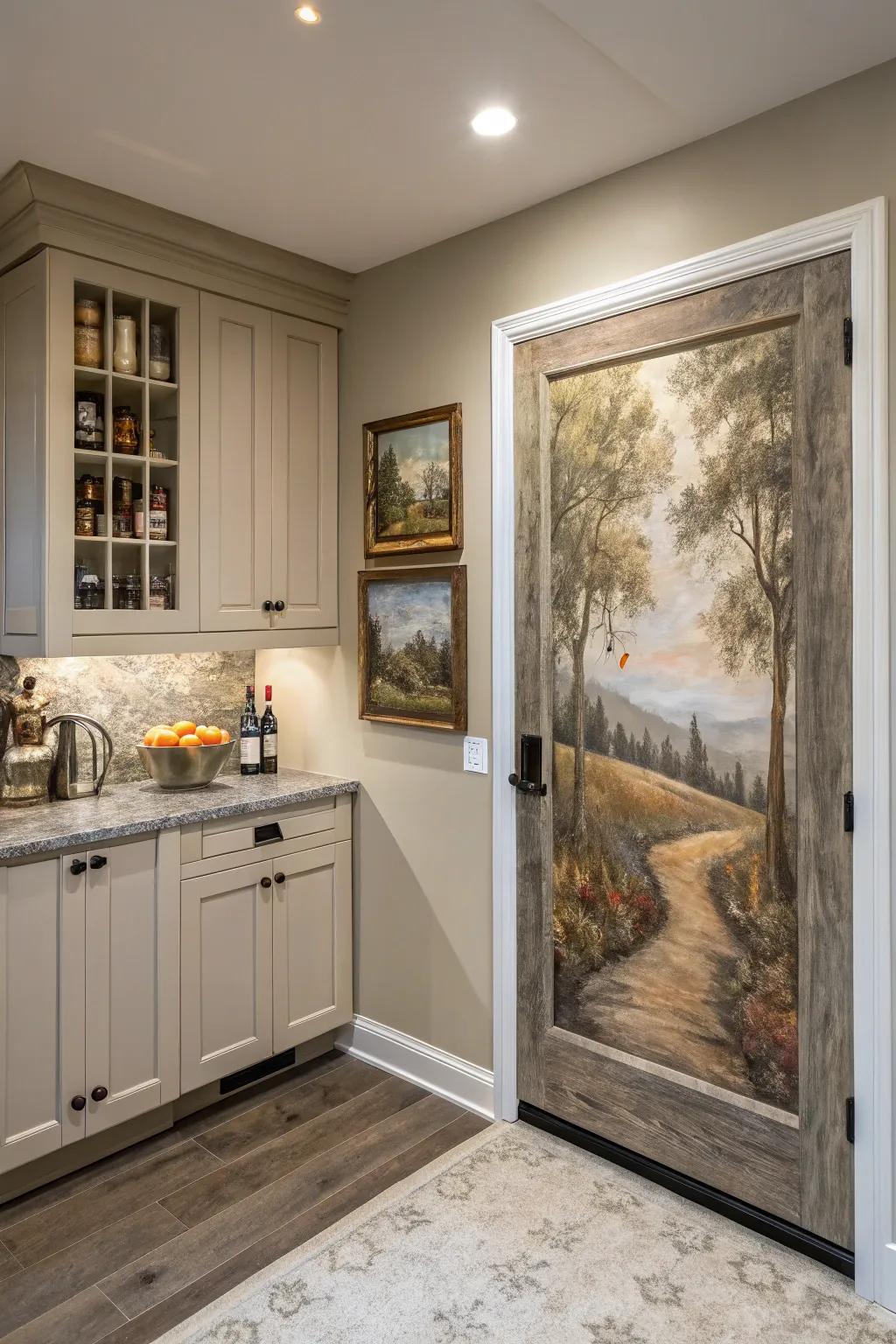 A concealed larder ingeniously disguised as artistic creation in a cooking area setting.
