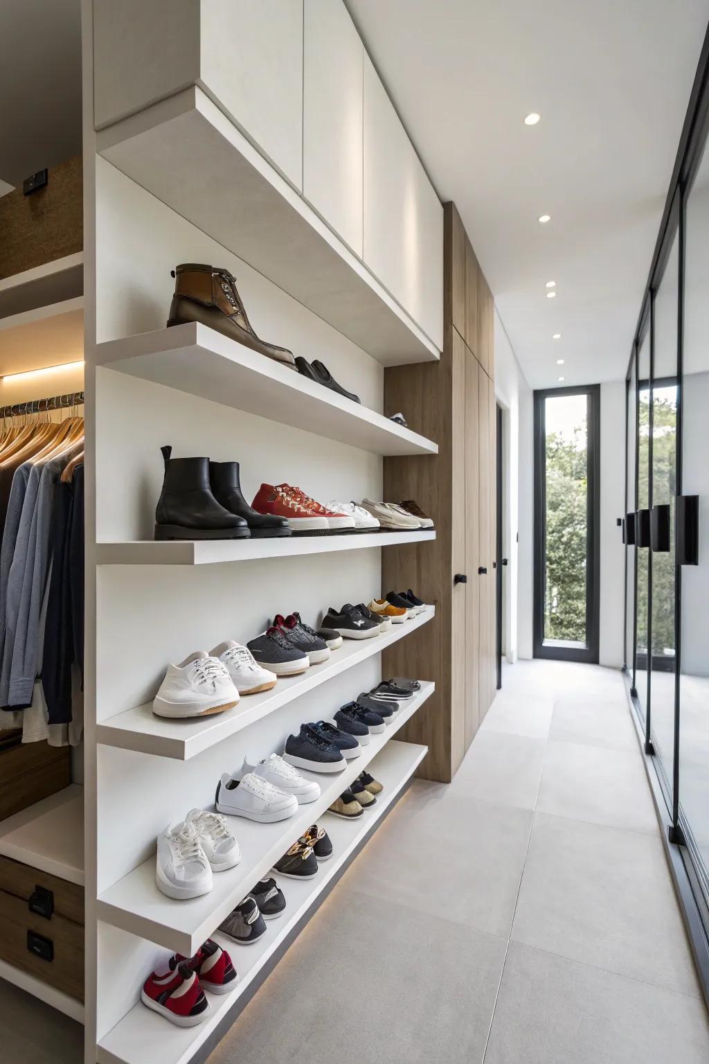 Hanging shoe platforms offer a minimalist and decorative storage approach.