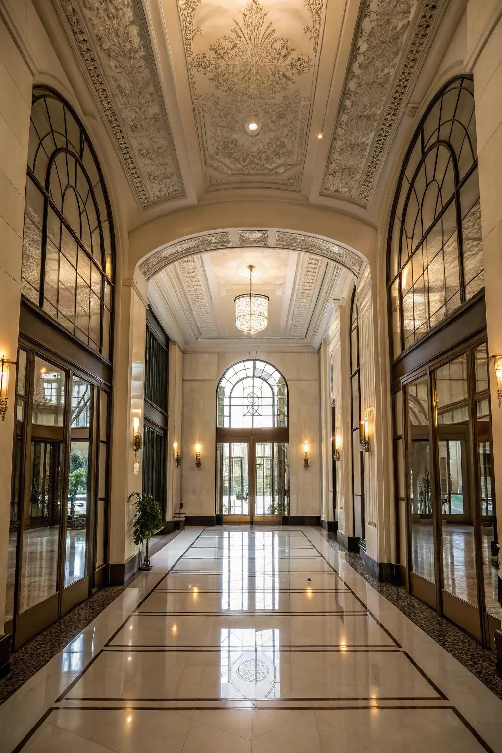 Mirrored walls enhance light and create an illusion of more space.