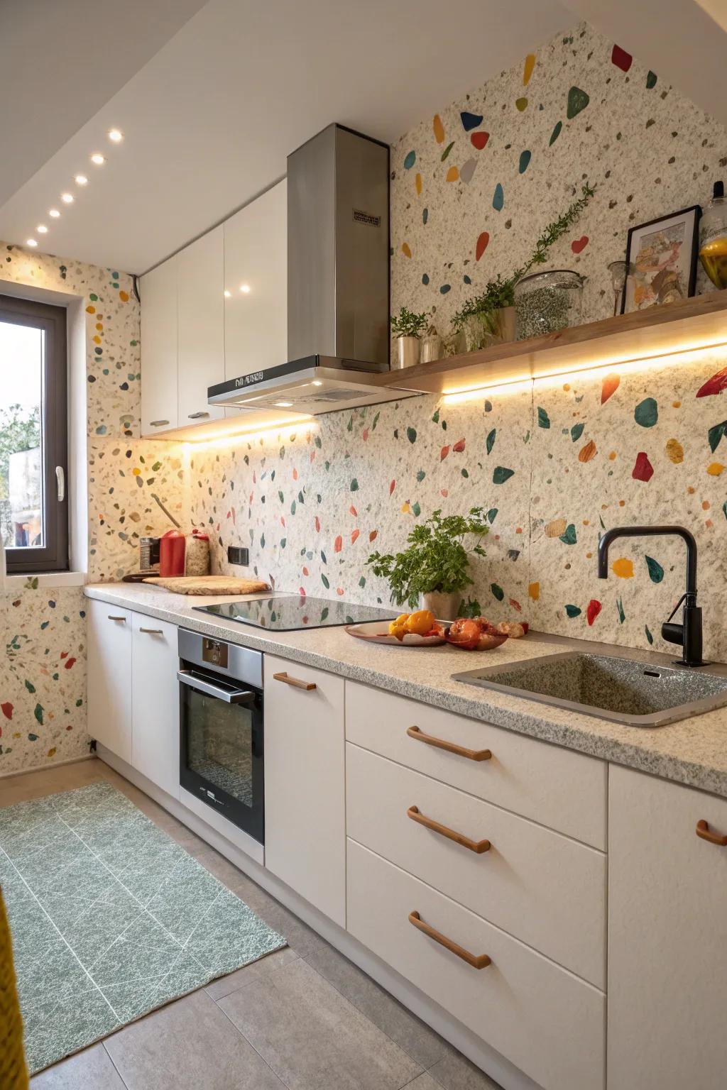 Terrazzo backsplash adds a modern and fun look.