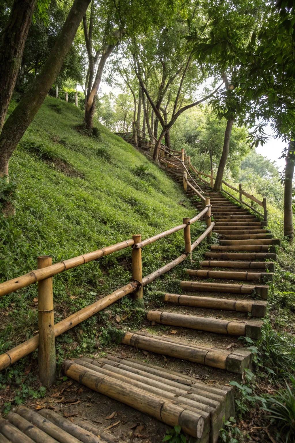 Reed and timbers fashion a zen-inspired stairway.