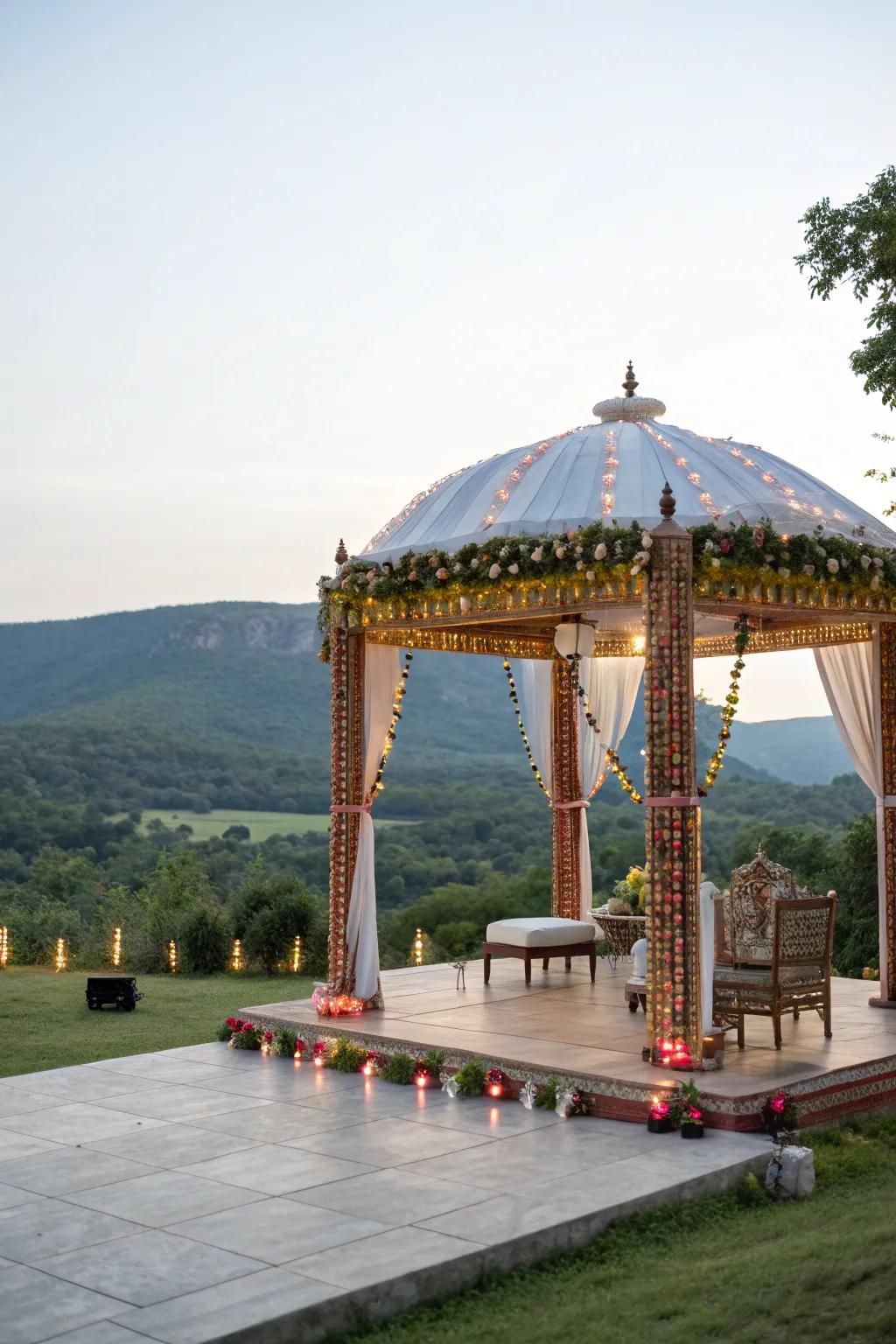 A mandap exposed to the open air harmoniously integrated with nature.