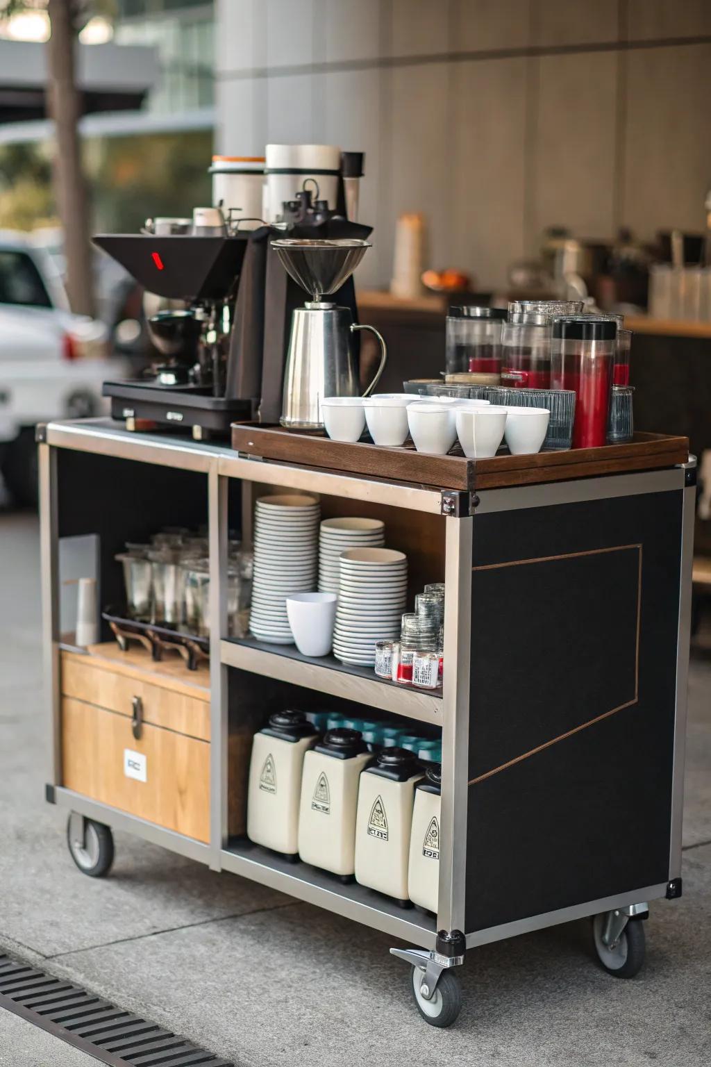 A mobile coffee cart provides convenience and versatility in small spaces.