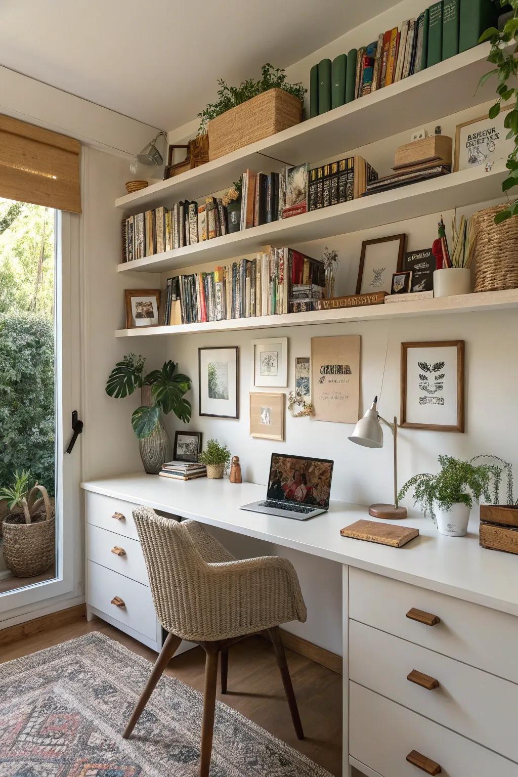 Open shelving unites functionality and style in a home office.