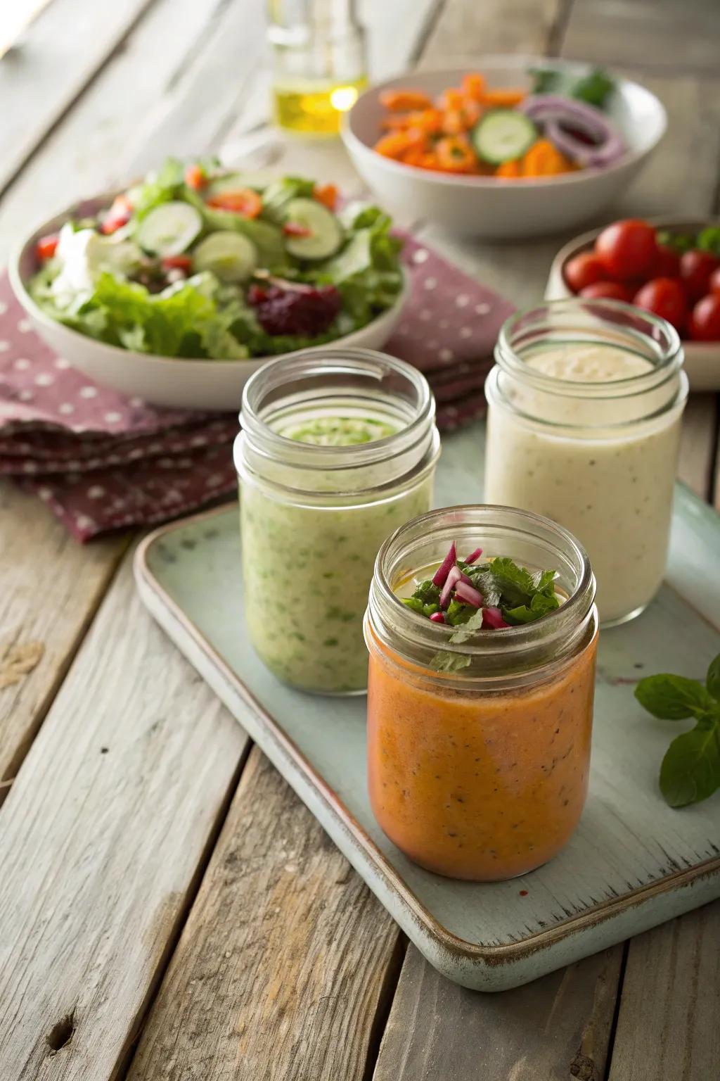 Enchanting artisan vessels for presenting salad vinaigrettes.