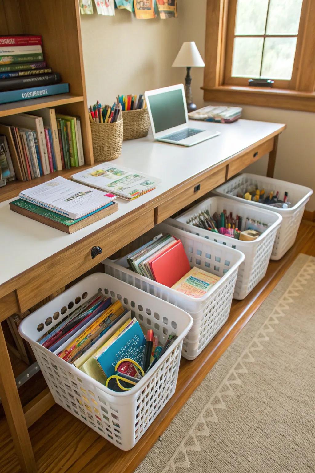 Under-table storage maximizes space and keeps things hidden yet close by.