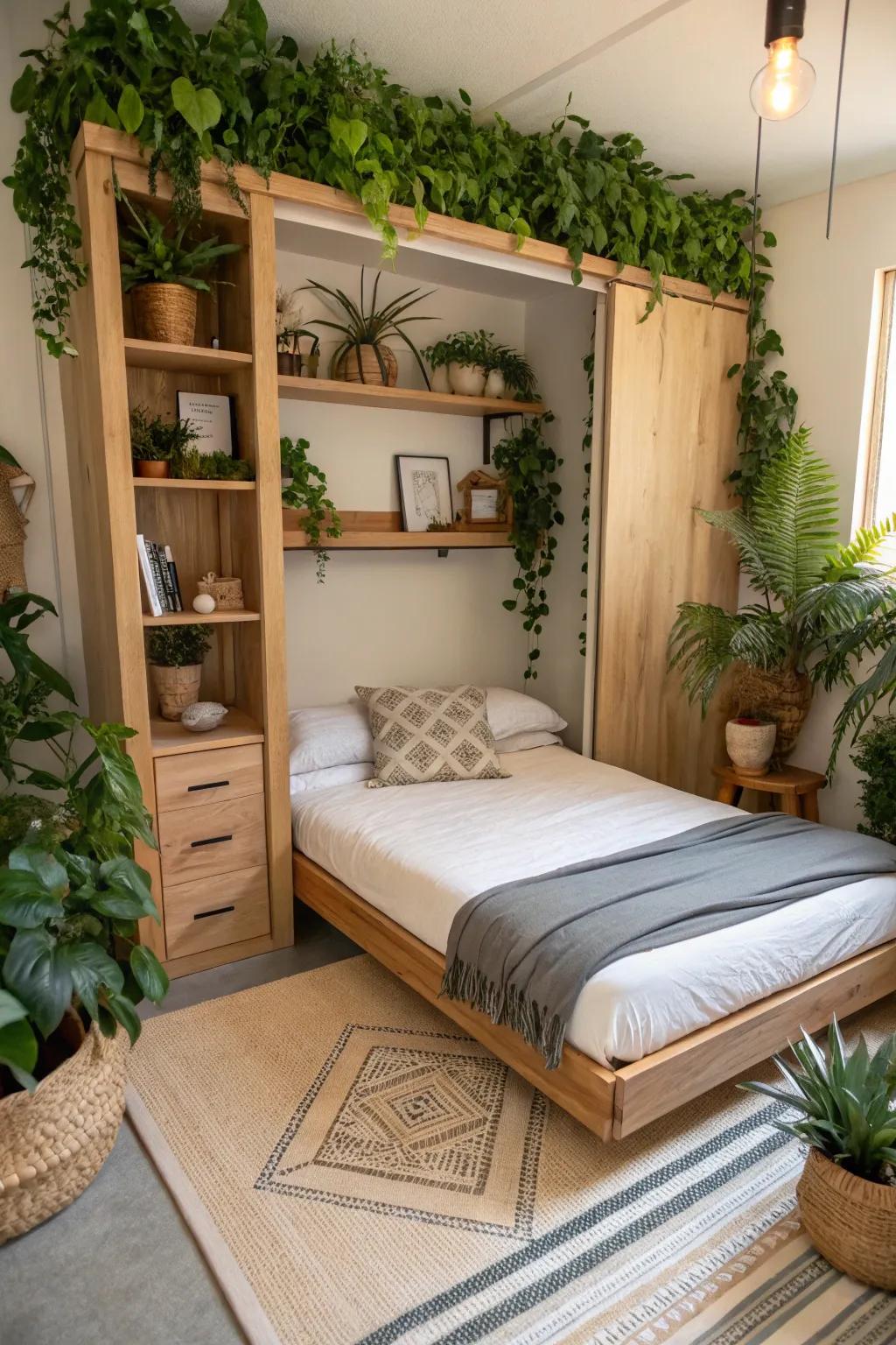 An urban garden setup having a hideaway bed, bringing a refreshing touch of nature indoors.