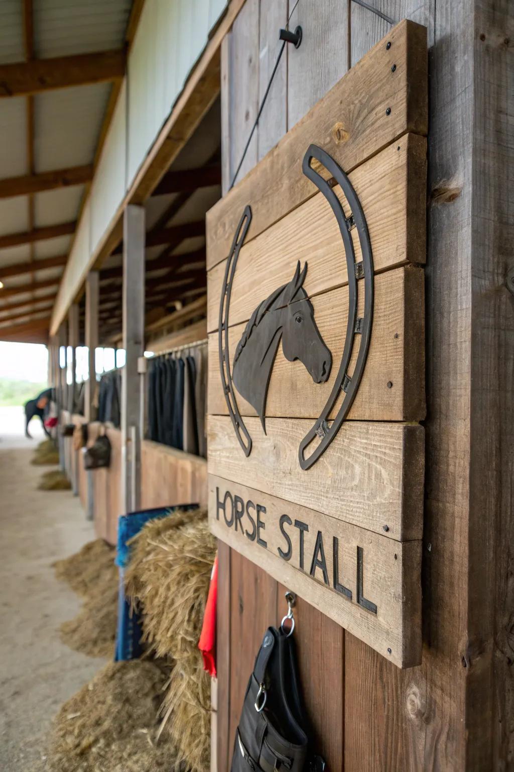 A sustainable equine stall marker crafted from reclaimed timber.