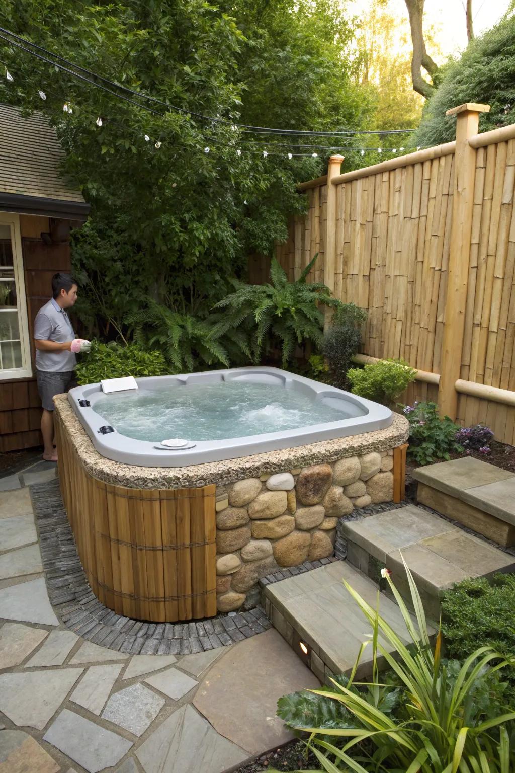 Distinct materials like stone and bamboo fashion a remarkable <strong><em>hot tub</em></strong> aesthetic.” loading=”lazy” class=”pimg”>
	</picture><figcaption>Distinct materials like stone and bamboo fashion a remarkable <strong><em>hot tub</em></strong> aesthetic.</figcaption></figure>
<p>Attempt employing materials such as stone or bamboo for an exclusive <strong><em>hot tub</em></strong> enclosure. I relish experimenting with textures that impart the space with a distinctive, individualized touch.</p>
<h3>You might give these a try:</h3>
<ul class=