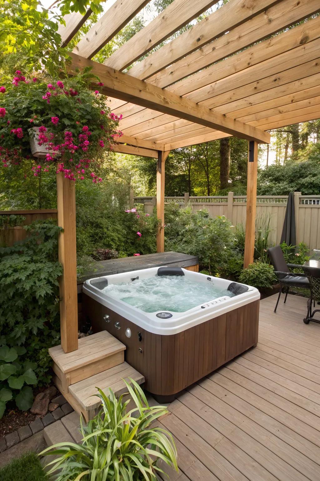 Maximize your space by positioning the hot tub beneath a stage.