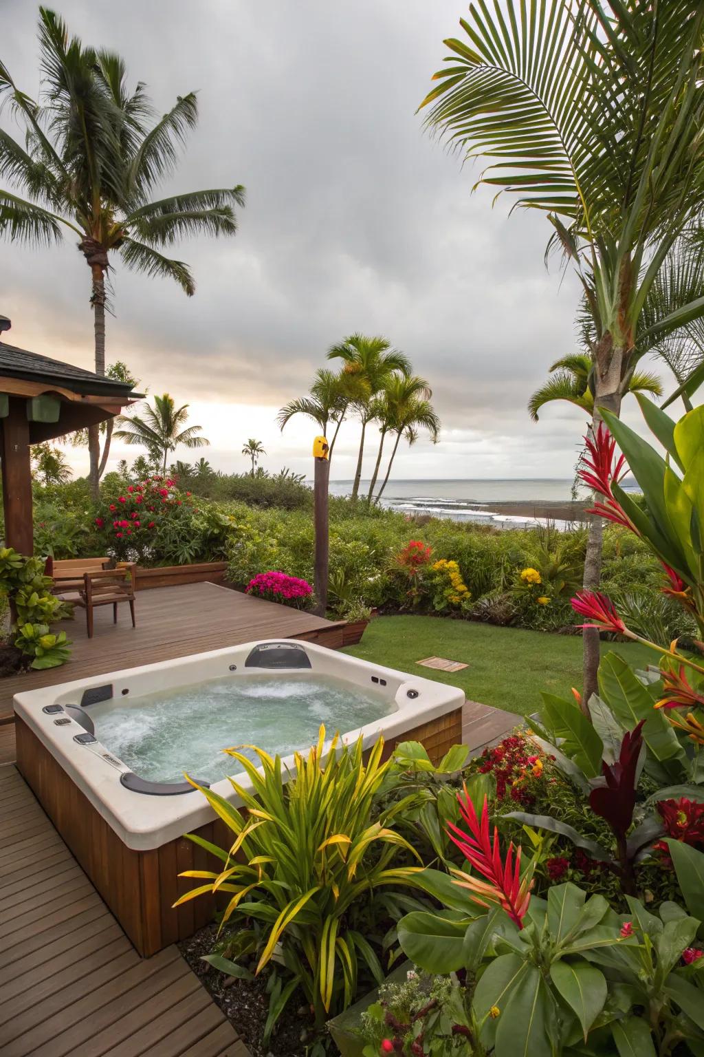 Escape to a tropical paradise with lush plants around your hot tub.