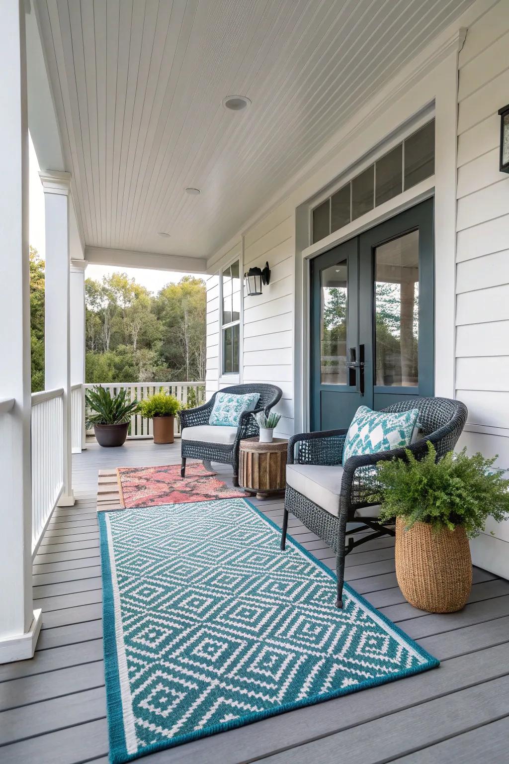 A stylish rug appends warmth and cohesion to this modern porch.