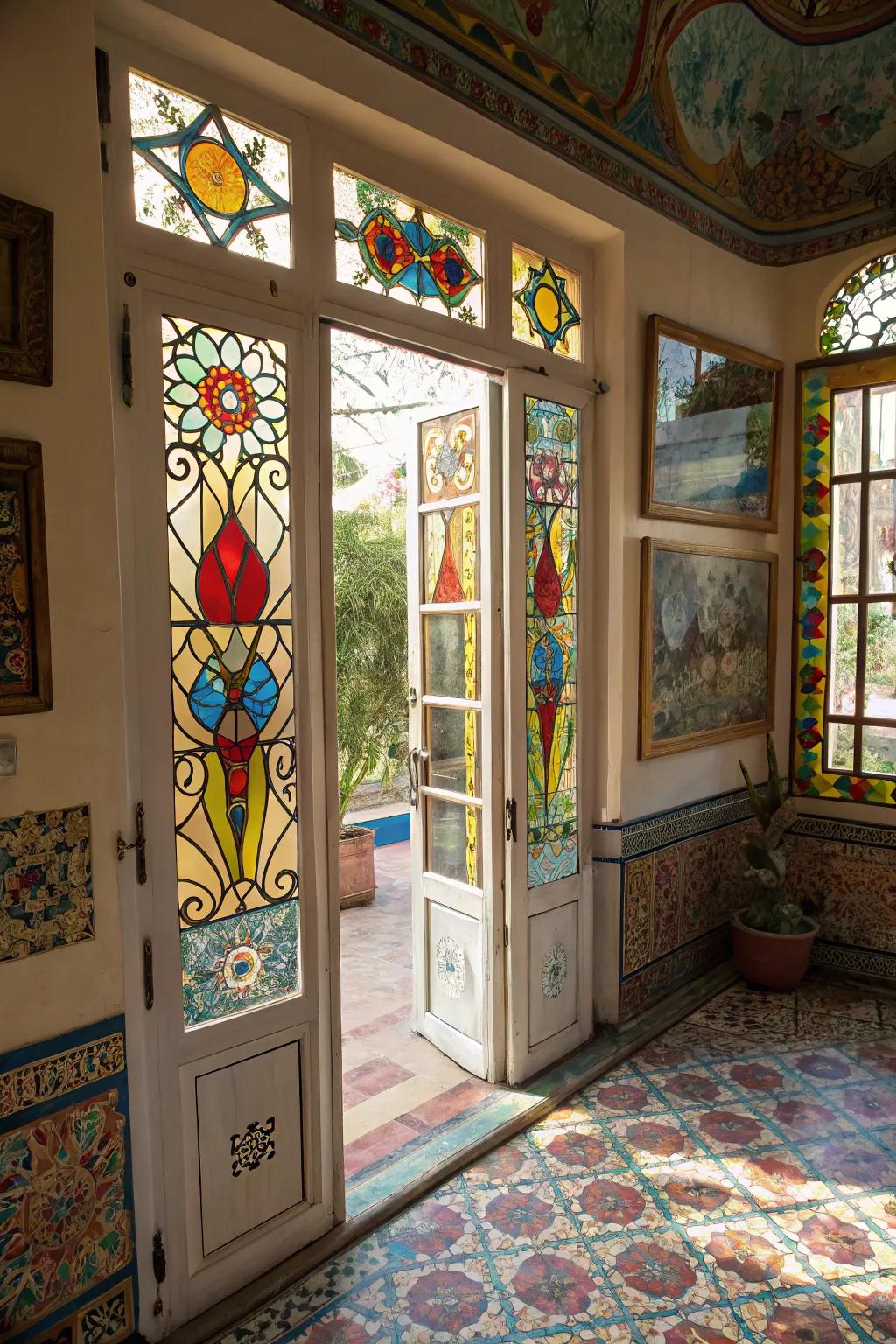 Tinted glass panels incorporate a creative and colorful dimension to French doors.