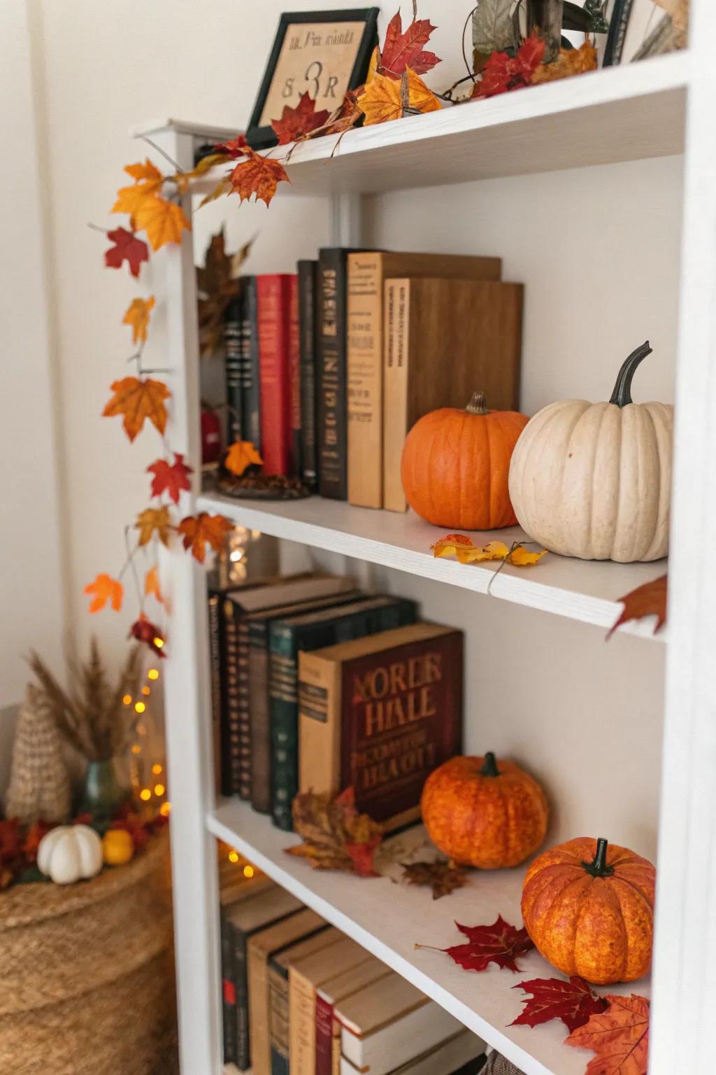 Bookshelf with seasonal ornaments for autumn.
