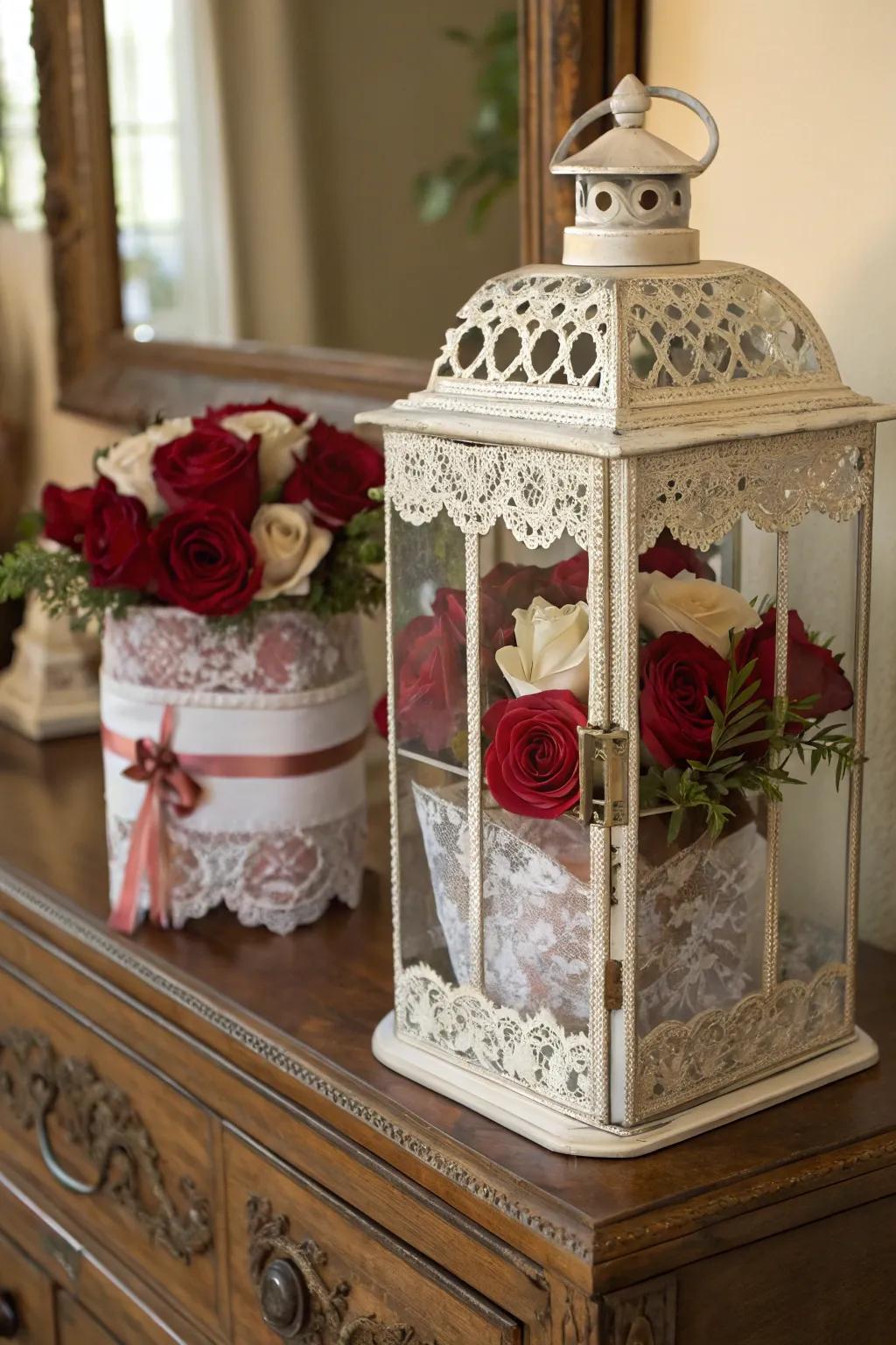 Romantic vintage lantern showcasing cloth and roses.