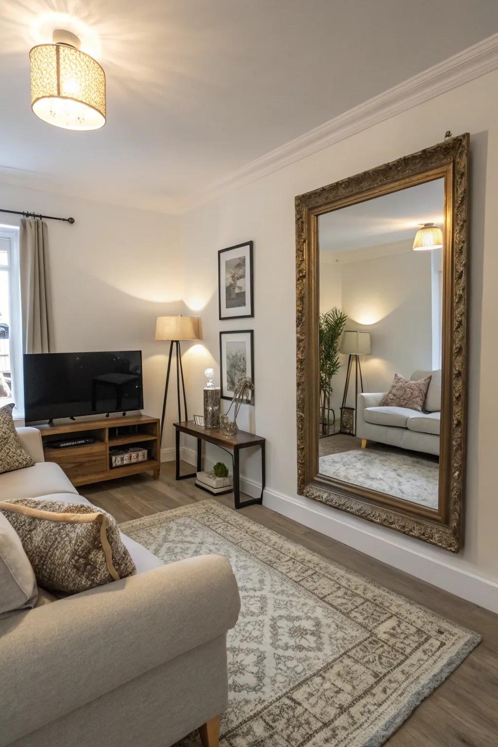 Oversized mirrors can make even the coziest areas feel vast.