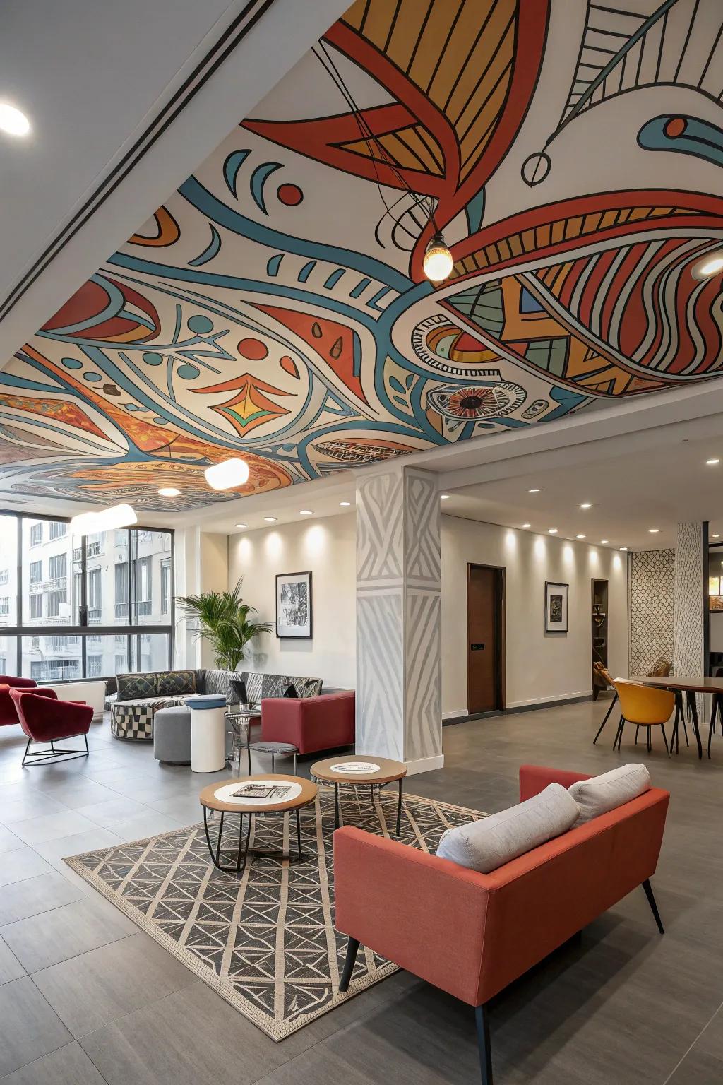 A modern room featuring dynamic painted designs on the roof.