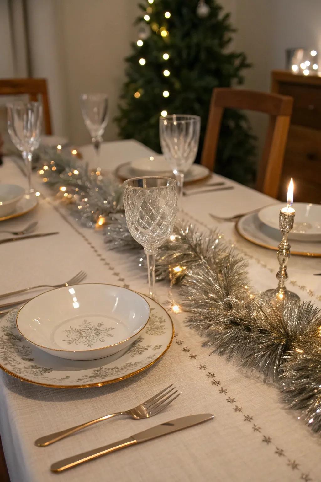 A feasting table showcasing a shimmering shimmer strands sash.